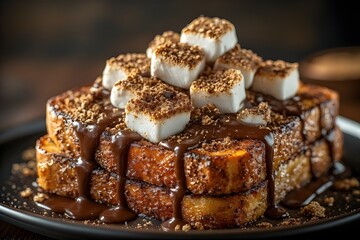 plate of s'mores french toast with chocolate sauce, marshmallows and graham cracker crumbs