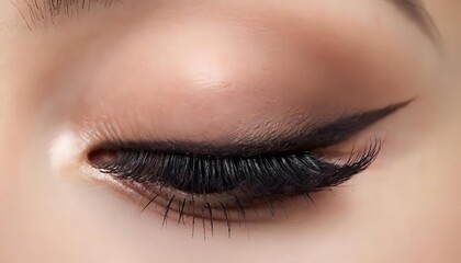 close-up of a made-up eye, lush eyelashes, and a black eyeliner