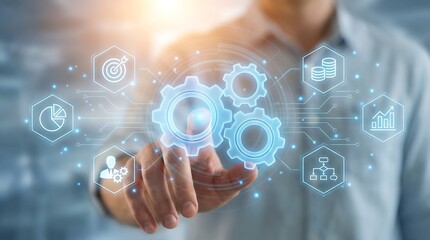 Business professional interacting with advanced technology interface featuring interconnected gears and data analytics visualizations, representing modern business strategy and innovation