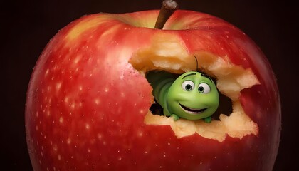 a cartoon caterpillar peeking out of an apple