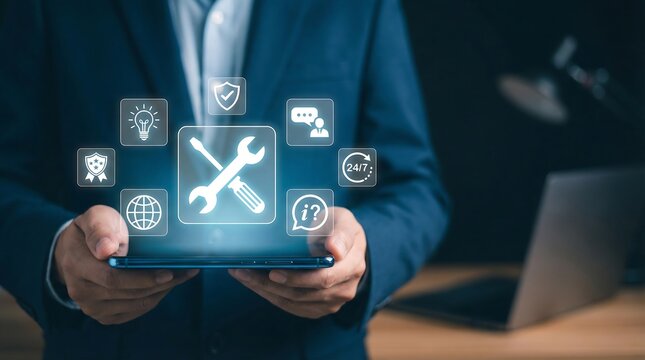 Technical expert showcasing cutting-edge solutions on a tablet, symbolizing innovation and support in a modern business setting.