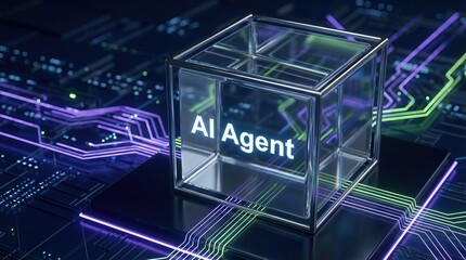 Transparent cube labeled AI Agent sits on a circuit board with glowing lines and patterns, representing artificial intelligence technology and digital innovation