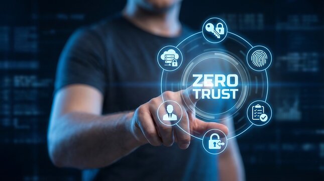 A man interacts with a futuristic zero trust cybersecurity interface on a dark background, symbolizing advanced network protection and digital safety.