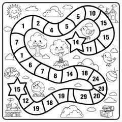 Whimsical children's coloring page featuring a numbered adventure board game path, complete with cute trees, smiling sun, playful birds, and exciting challenges for young learners to enjoy