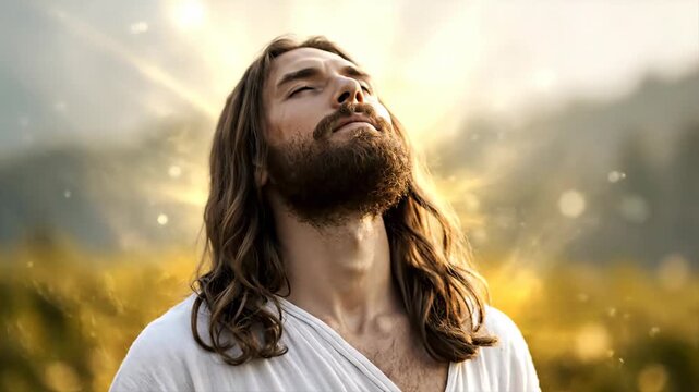 Spiritual portrait of a man resembling Jesus Christ looking up with eyes closed toward a divine light. Symbolic of faith, prayer, hope, and peace in a soft golden background with light rays.