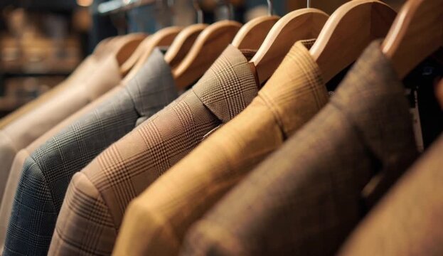 A row of men's suits hanging on wooden hangers in a clothing store or boutique, created with generative ai