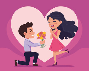 Romantic Proposal with Flowers, Cute Couple in Love Vector.