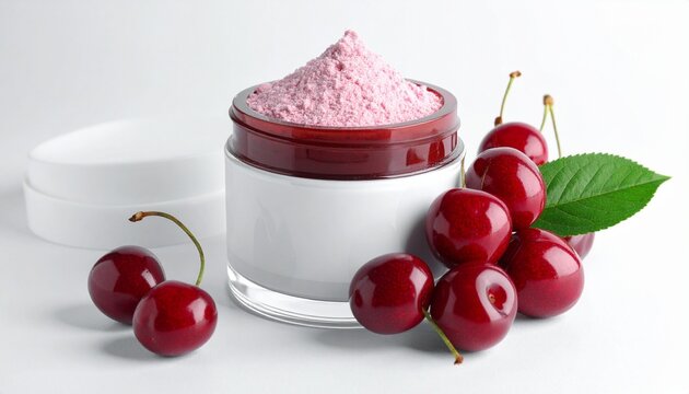 Cherry powder in jar, fresh cherries, natural product, vibrant contrast