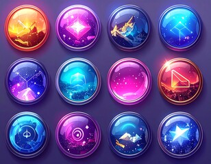 Colorful Cosmic Buttons with Celestial Elements.