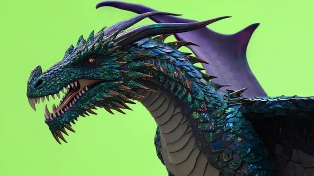 Fierce blue dragon with sharp teeth and spikes on a green background