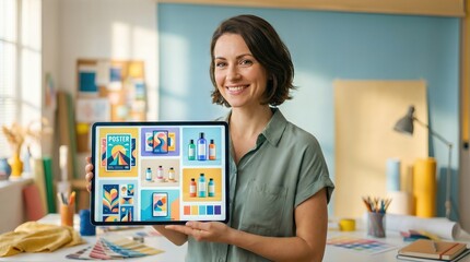 Female designer holding tablet displaying colorful graphic designs in a bright studio with art supplies and creative materials on the table