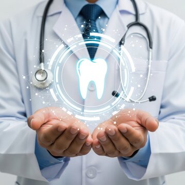 Doctor holding virtual tooth model