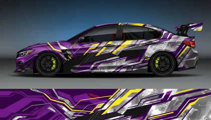 Modern sports car with a vibrant purple, yellow, and grey abstract geometric vinyl wrap design template. © DB stock
