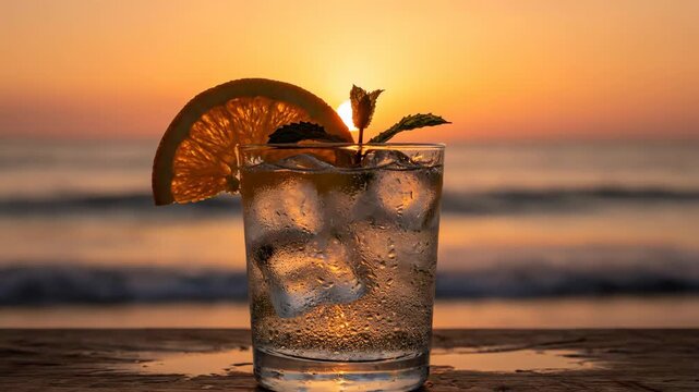 Refreshing Cocktail at Sunset - A close-up view of a glass filled with ice cubes and a chilled beverage, garnished with a slice of orange and a sprig of mint.