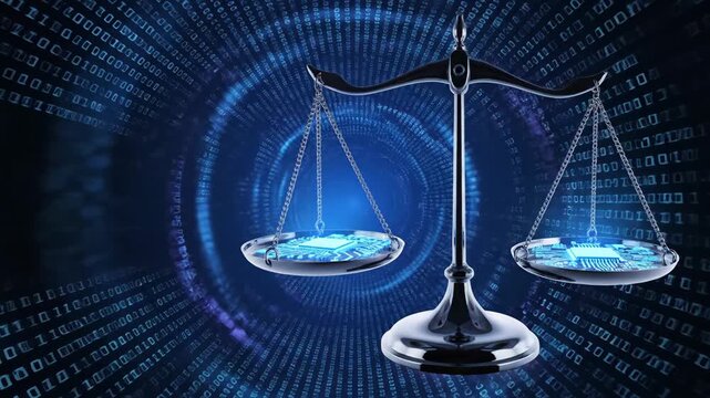 Digital Justice Scale - This video features a sleek, metallic scale of justice set against a dynamic background of binary code.