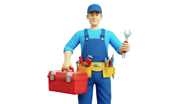 3D Cartoon Mechanic with Tools and Toolbox - Powered by Adobe