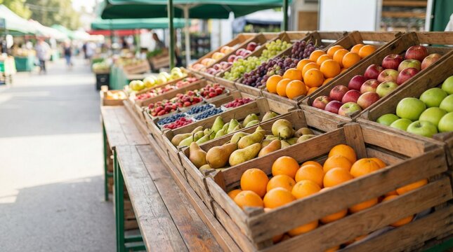 Fresh fruit display in wooden crates at outdoor market  
