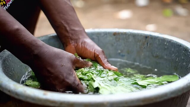 Close up of African hands washing fresh green vegetables in a basin
