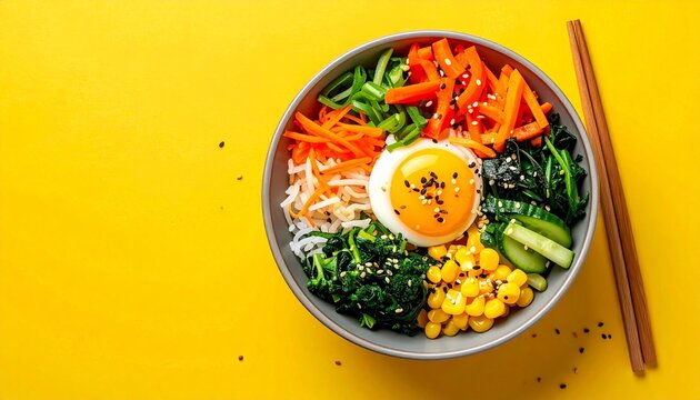 Bowl of bibimbap with chopsticks on yellow. perfect for food blogs, korean cuisine articles, and menus.