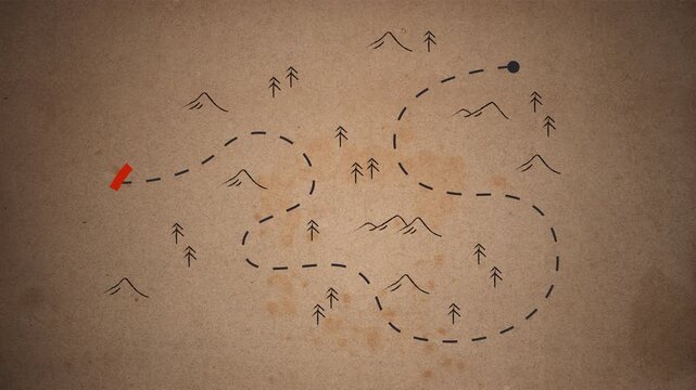 Animation of vintage scavenger hunt map path to gold treasure. adventure treasure hunt. 4k animation video