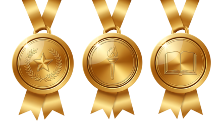 Shiny golden medals with star, torch, and book symbols on black background
