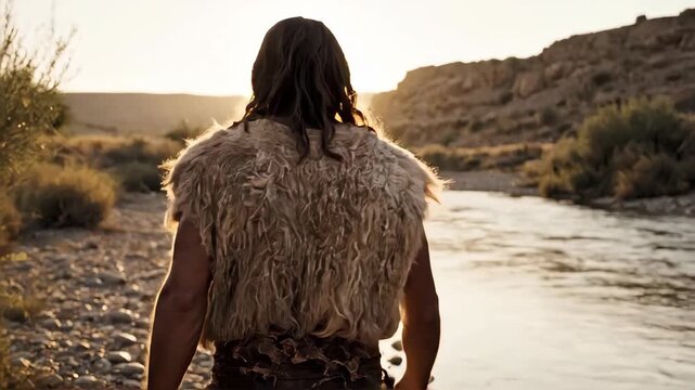 A biblical depiction of John the Baptist walking along a river at sunset. An ancient prophet in the wilderness on a spiritual journey. Historical reenactment footage