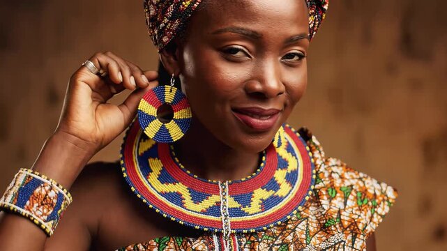 Beautiful African Woman in Traditional Beaded Jewelry Smiling at Camera