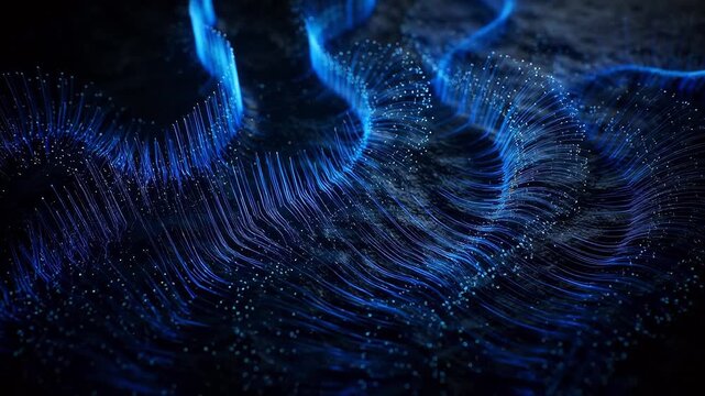 Blue glowing abstract lines and columns on dark background