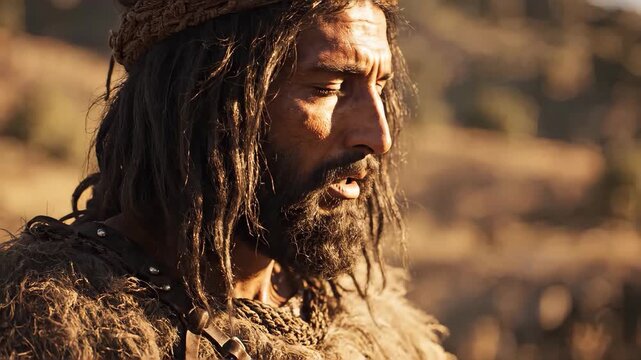 Portrait of an ancient biblical man with his head bowed. A historical figure, John the Baptist, in deep contemplation in the desert.
