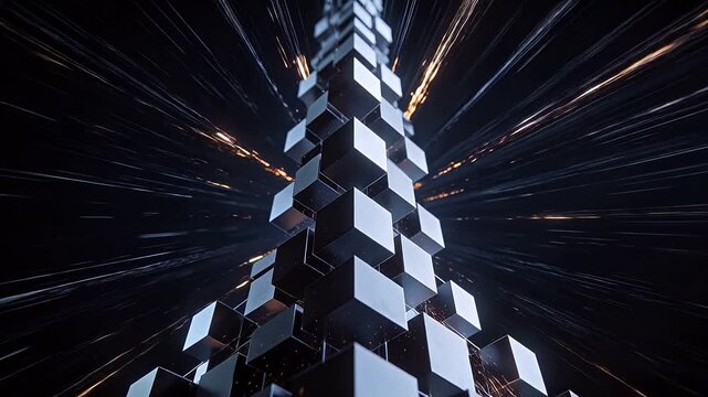 Stacked cube tower with radiating lines in black space