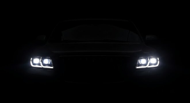 Front view of a dark car with illuminated LED headlights piercing the blackness.