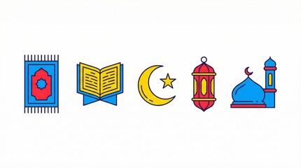 Colorful Islamic elements collection featuring prayer mat Holy Quran book crescent and star mosque dome and traditional lantern isolated vector illustration