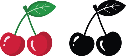 Cherry icon set with color and black silhouette, fresh fruit illustration vector for food logo, sticker, packaging design branding marketing