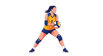 Athletic female volleyball player in a yellow and blue uniform preparing to serve or receive the ball in a game.