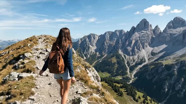 Solo female hiker with backpack on a mountain ridge, gazing at a breathtaking panoramic vista of rugged peaks and a verdant valley under a clear bl...