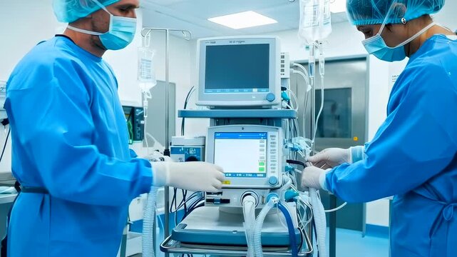operating room technicians adjusting ventilator and anesthesia equipment - sterile scrubs and caps visible - detailed tubing and monitor screens inspected while team coordinates setup