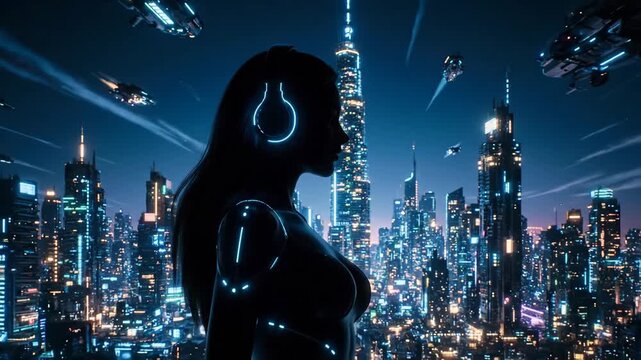 Futuristic Cityscape with Cybernetic Figure - The video features a silhouetted figure with cybernetic elements and glowing headphones, set against a vibrant, futuristic city skyline illuminated by