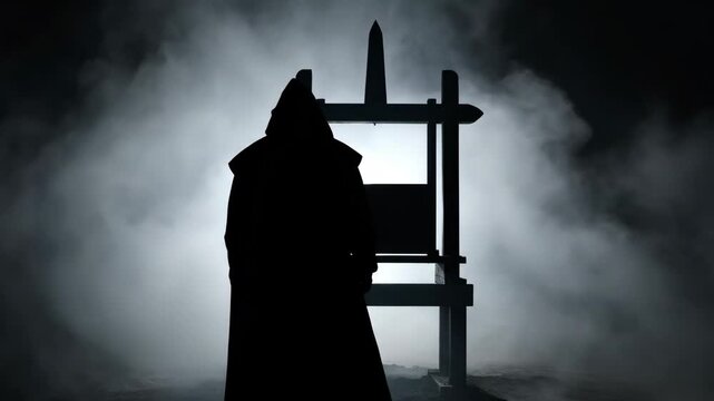 Mysterious Silhouette at a Medieval Execution Scene - A dark, atmospheric scene featuring a cloaked figure approaching a large wooden contraption, potentially an execution device, shrouded in