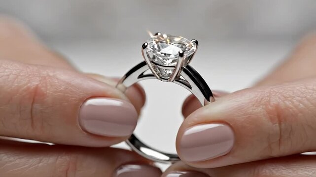 Woman's hands holding a sparkling diamond engagement ring. Close-up of a luxury solitaire jewel for a wedding proposal. Marriage and commitment concept