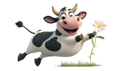 Fototapeta premium Cow holds flower in grassy field bovine stands in field gently holding bloom cow
