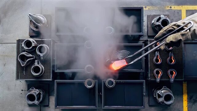 overhead factory shot glowing steel billet - forge technician in protective glove uses tongs to place redhot billet into quench cell - steam billowing - organized tool layout - precision