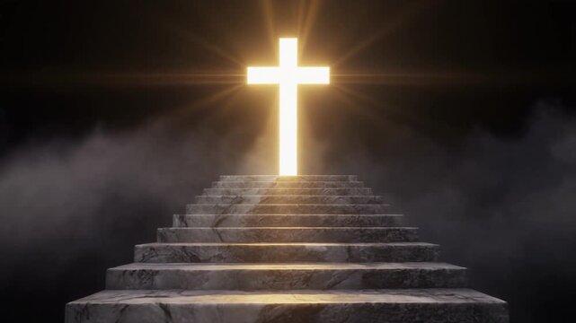 Path to divine light and spiritual awakening through a radiant cross atop an ancient stone staircase, symbolizing enduring faith and hope