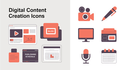 Digital Content Creation Icons for Blogging, Video Production, and Social Media Management Tools © Digishopppp
