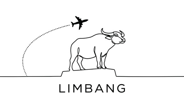Water buffalo and airplane Limbang travel vector illustration