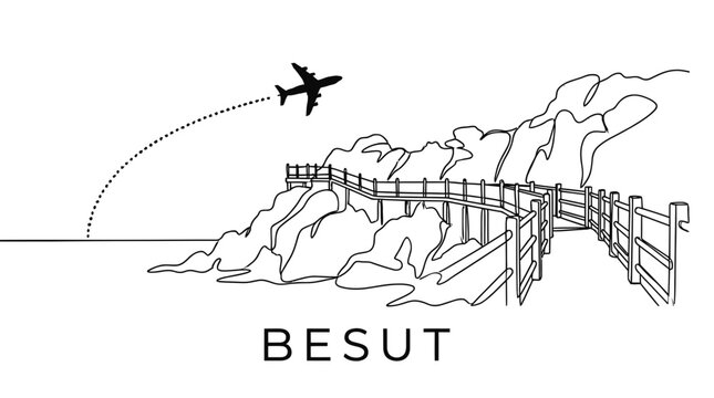 Airplane flying over Besut coastal boardwalk vector illustration