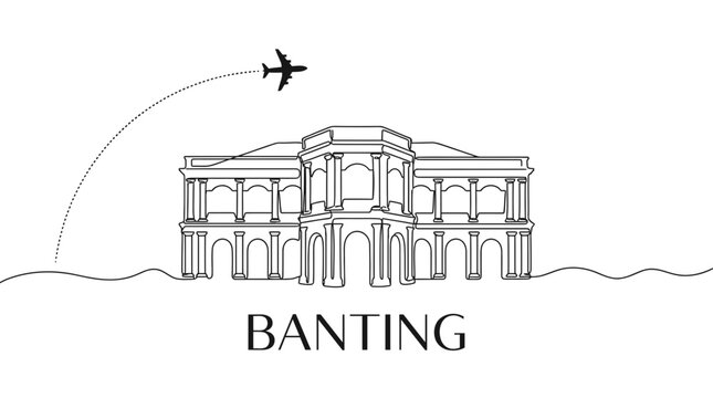 Banting historical landmark with airplane travel continuous line art vector