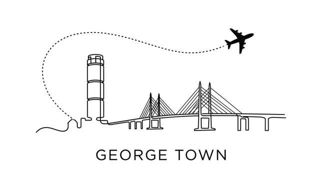George Town Penang skyline with airplane travel vector illustration