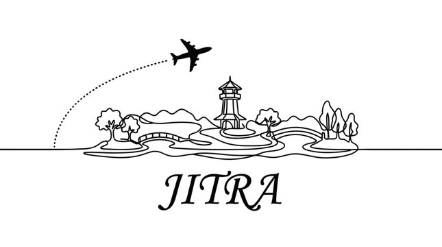 Jitra city landscape with airplane travel line art vector