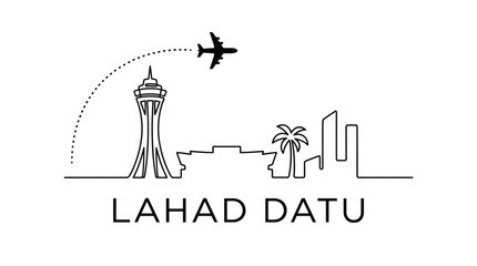 Lahad Datu city skyline with airplane travel vector illustration