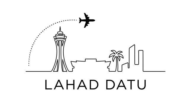 Lahad Datu city skyline with airplane travel vector illustration